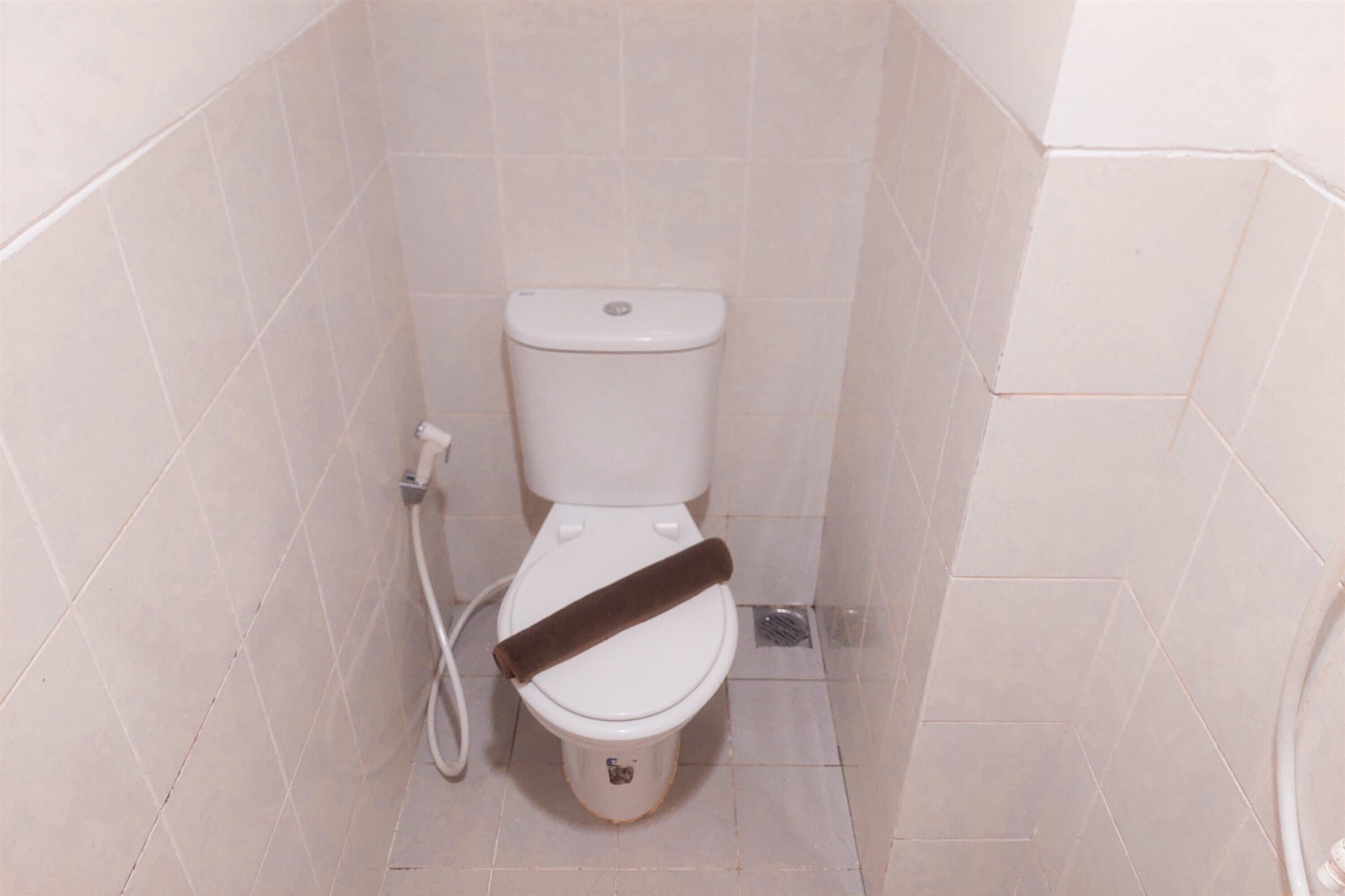 Une petite salle de bain aux murs recouverts de carreaux blancs, équipée de toilettes, d’un porte-rouleau de papier toilette et d’un flexible de douche.