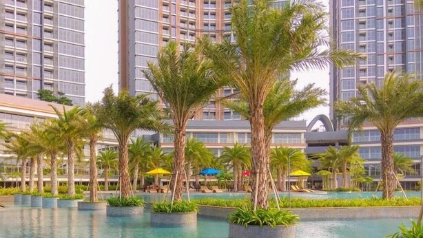 A modern hotel with a pool area surrounded by palm trees and lounge chairs.