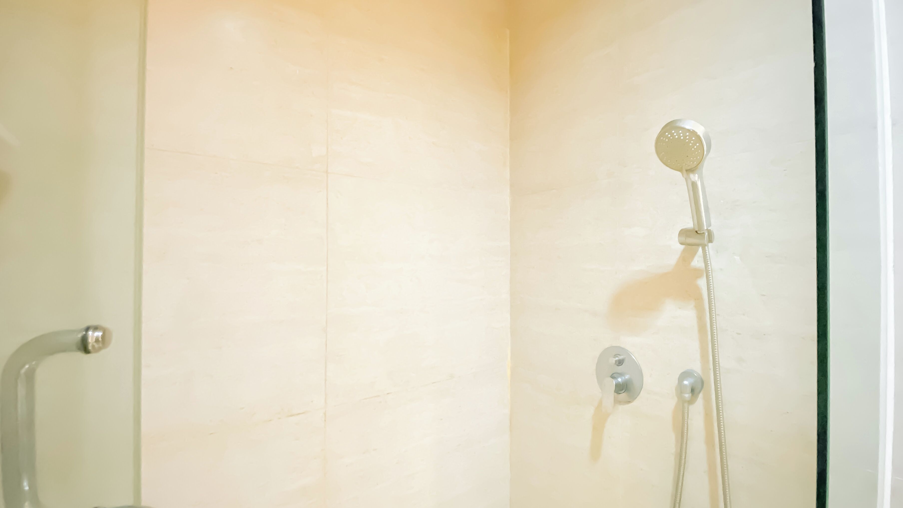 A shower with a handheld showerhead and a wall-mounted control.