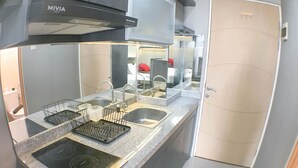 Une cuisine moderne dotée d’une plaque de cuisson intégrée, de deux éviers et d’un dosseret en acier inoxydable.