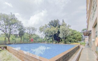 Una piscina rodeada de árboles y un edificio.