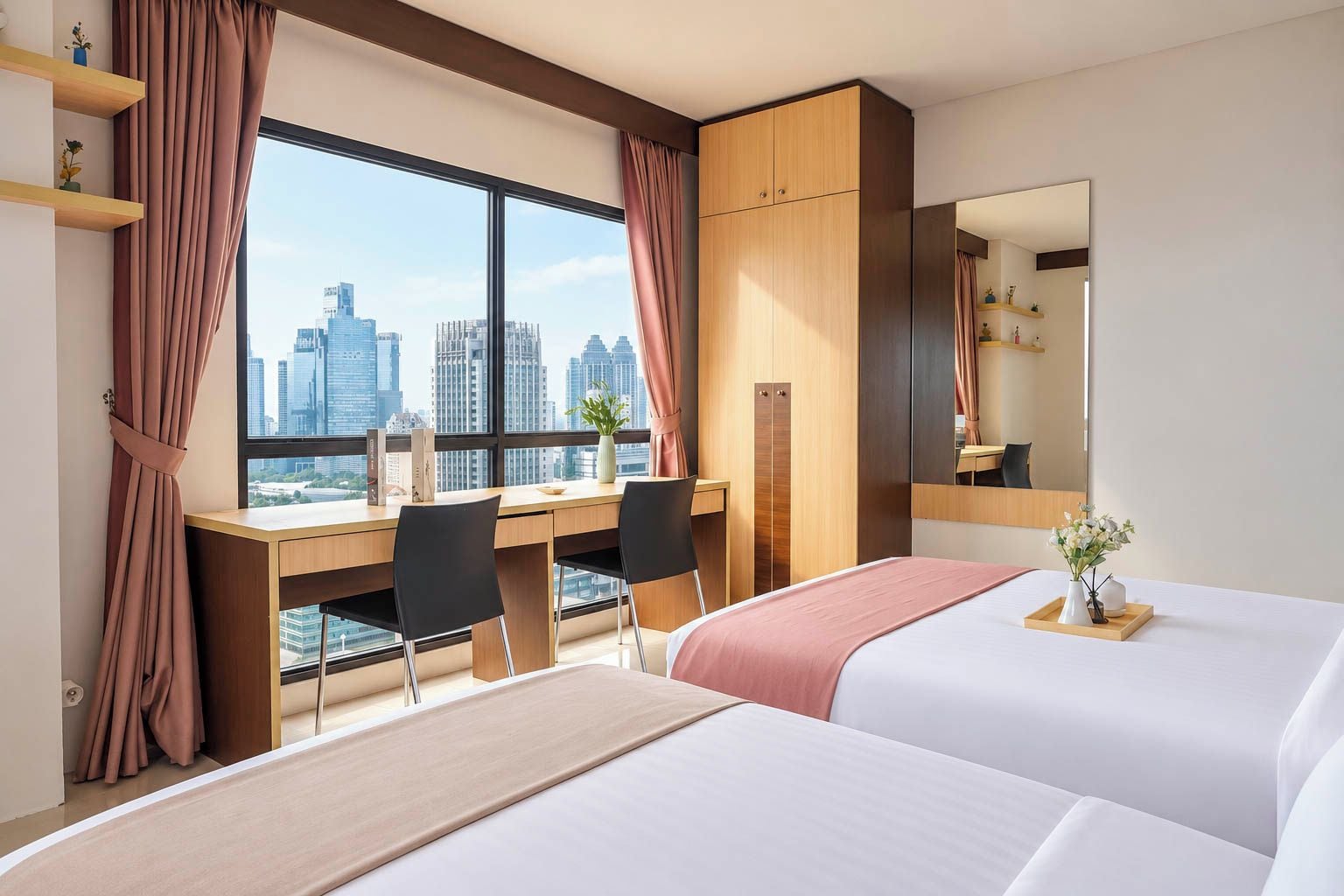 Una habitación de hotel con escritorio, dos camas, un ventanal grande con vista a la ciudad y un espejo.
