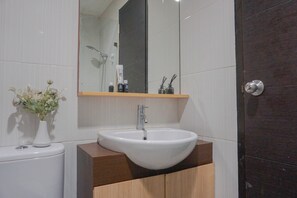 Bathroom features a sink, shower, and mirror, with a vanity and storage.
