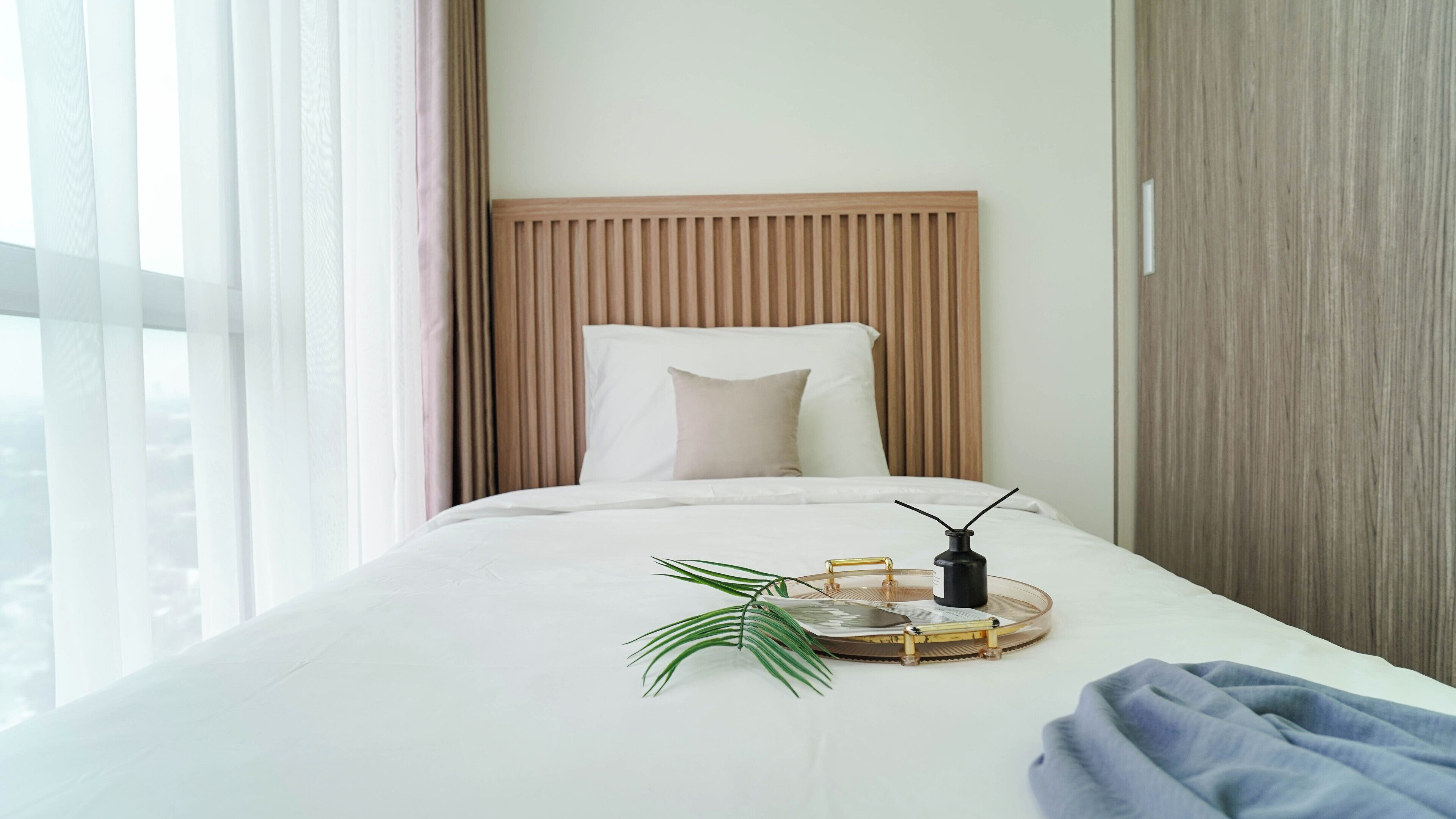 A hotel room with a bed, a bedside table with a tray, a plant, and a nightstand with a lamp.