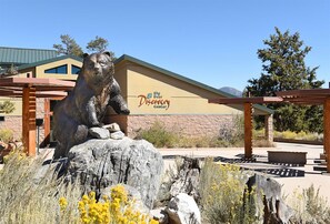 Discover the majestic bear sculpture amidst lush gardens and a scenic backdrop of the Big Bear Discovery Center.