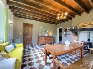 Smart TV, fireplace, DVD player, books
