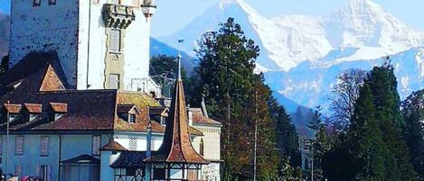 Un château historique, doté d’une tour imposante, situé au bord d’un plan d’eau, avec une chaîne de montagnes en arrière-plan.