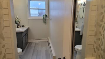 Een haardroger, handdoeken, zeep, toiletpapier