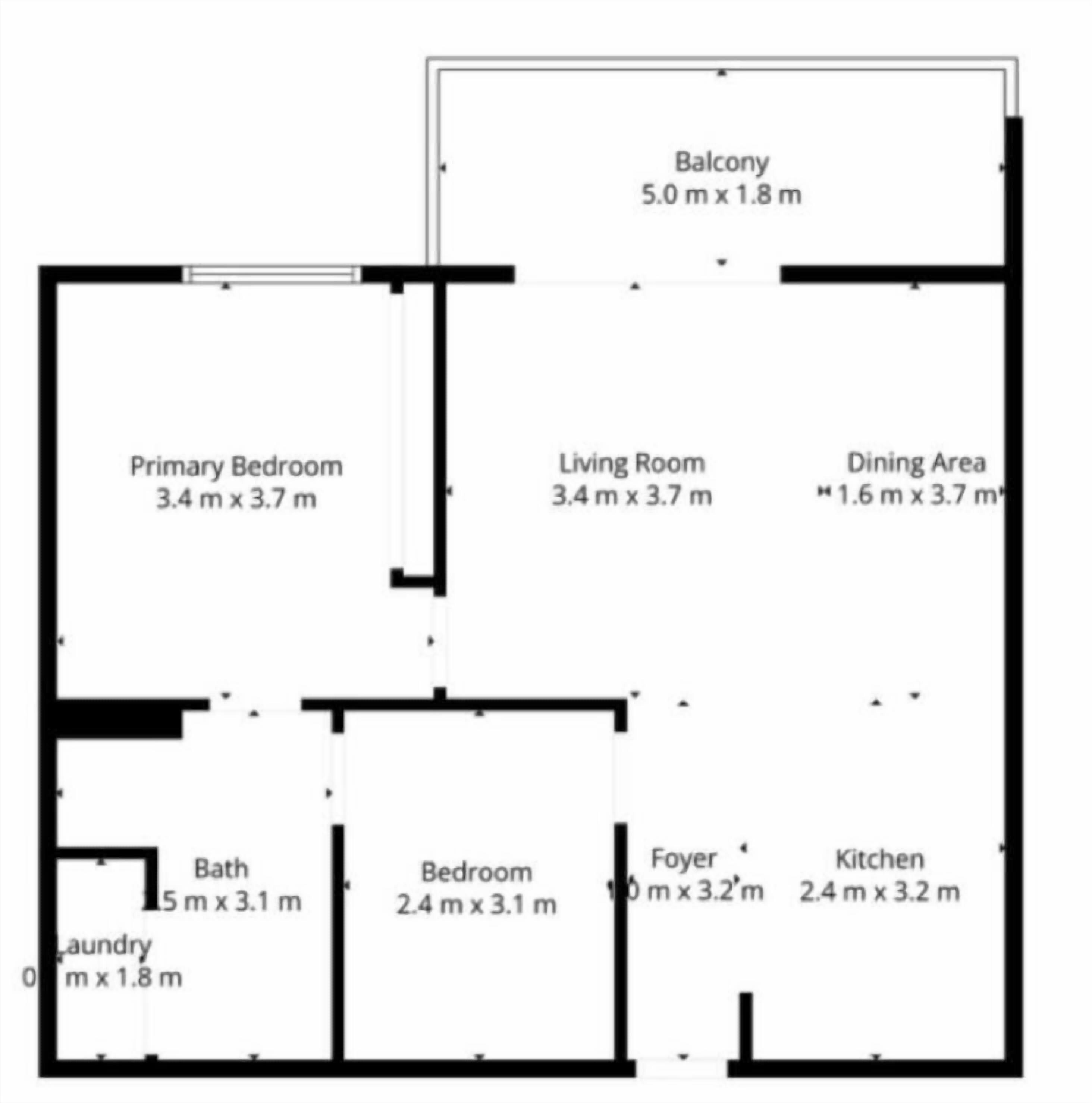 Plano de planta de una habitación de hotel con balcón, dormitorio principal, sala de estar, comedor, baño, vestíbulo, dormitorio y cocina.