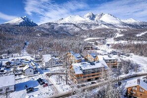A snow-covered mountain town with wooden buildings and a ski resort. - Hotel ELEMENTS (Vysoké Tatry)