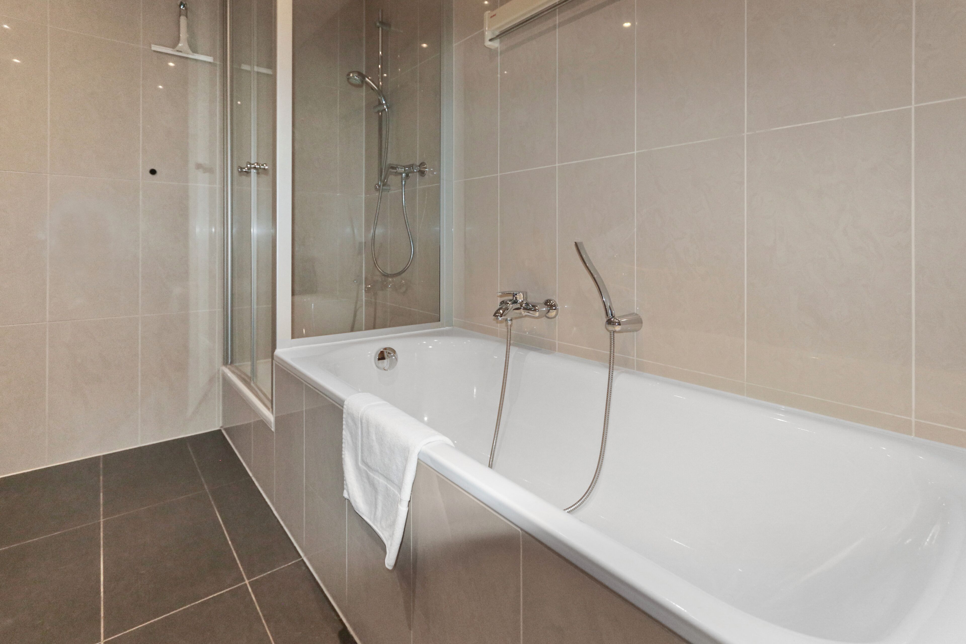 Hair dryer, towels, soap, shampoo