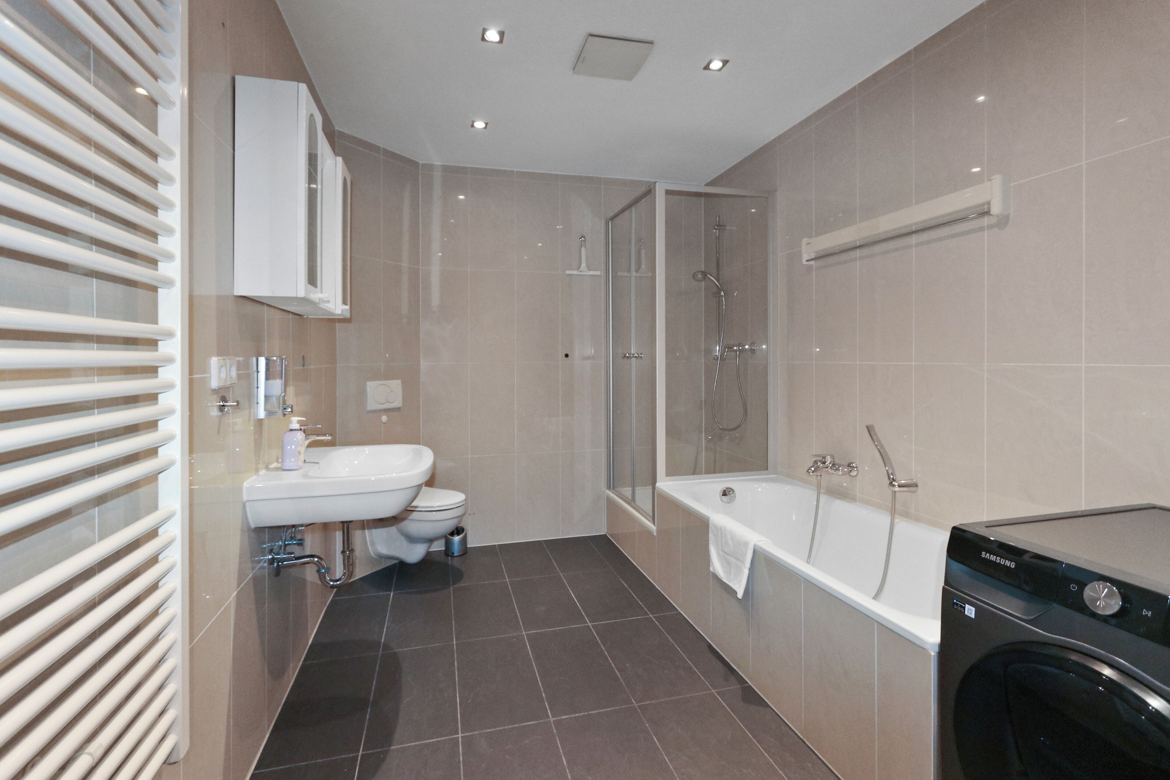 Hair dryer, towels, soap, shampoo