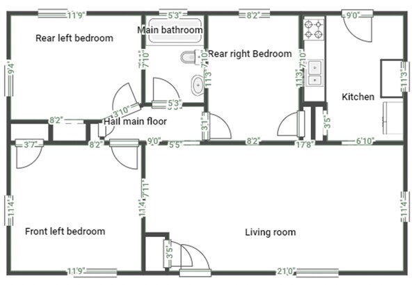 Ein Grundriss mit Wohnzimmer, zwei Schlafzimmern, einer Küche, einem Badezimmer und einem Flur.
