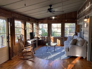 Smart TV, fireplace, books, stereo