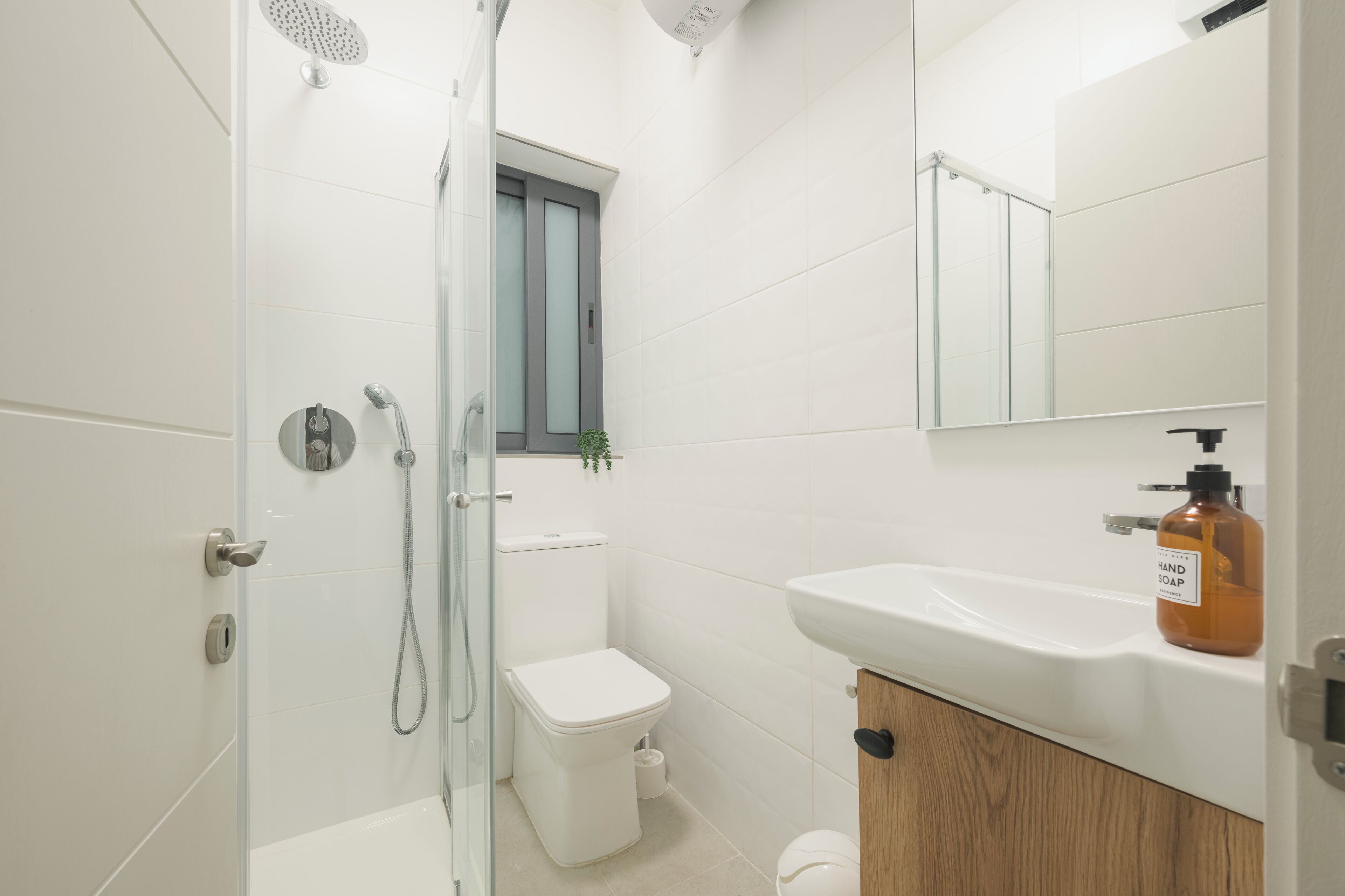A modern bathroom with a glass shower enclosure, a toilet, a sink with a soap dispenser, and a mirror.