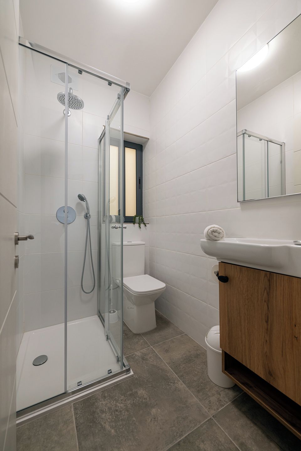 Et moderne badeværelse med en brusekabine i glas, toilet og vask med et træskab.