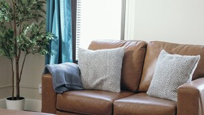 Ein braunes Ledersofa mit gemusterten Kissen, ein Blumentopf und ein Fenster mit blauen Vorhängen.