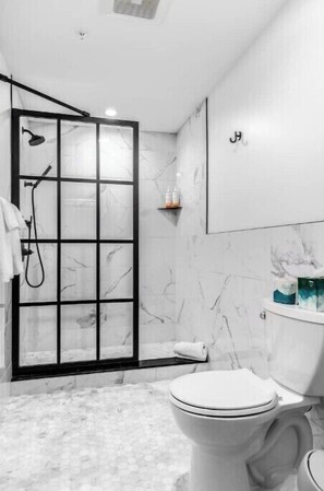 Hair dryer, towels, soap, toilet paper