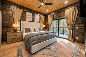 KING SUITE 1- A serene main-level retreat featuring a king bed, walk-in shower, and soft natural light — your quiet corner after a day of adventure. - Private Pond & Loaded Game Rm, 2 acres | Sleeps 20 (Broken Bow)