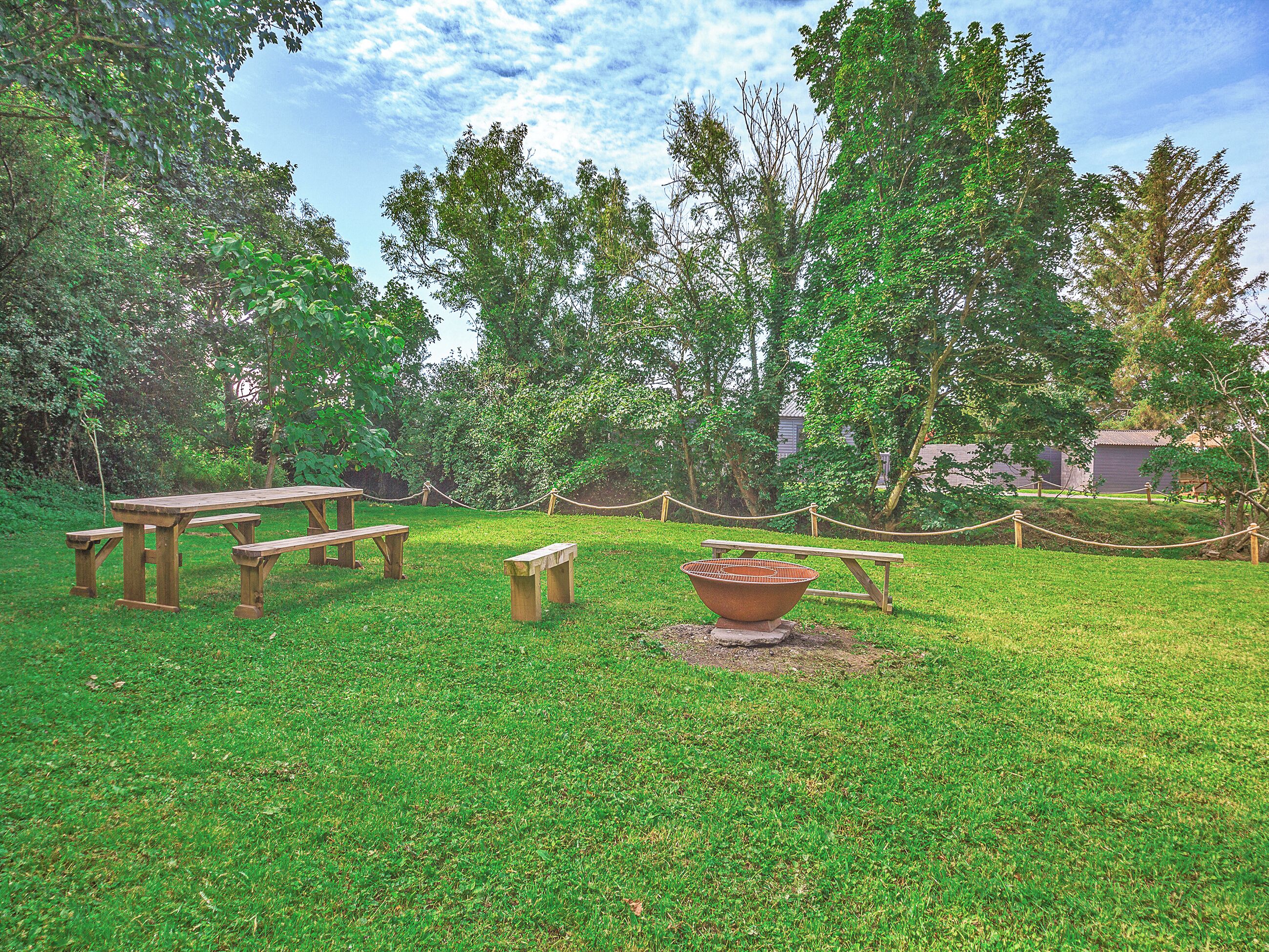 Un área de picnic con bancos de madera y un hogar central para fogatas, rodeado de árboles y un campo cubierto de césped.