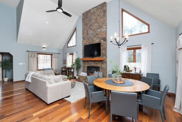 TV, fireplace, table football