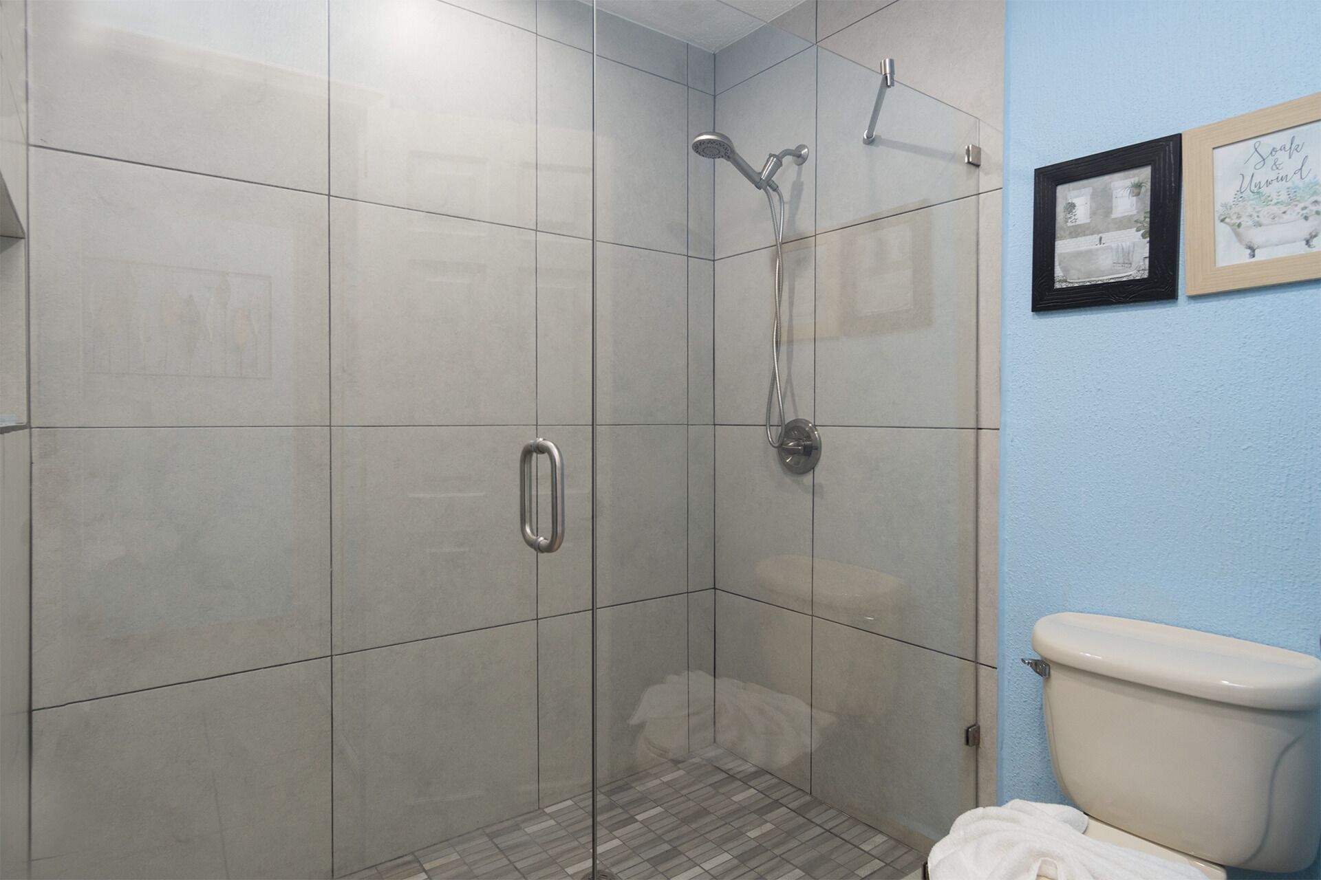 A bathroom with a glass-enclosed shower, a toilet, and a framed picture on the wall.