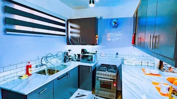 Fridge, microwave, oven, stovetop