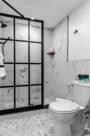 Hair dryer, towels, soap, toilet paper