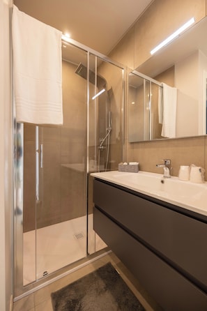 Shower, hair dryer, bidet, towels