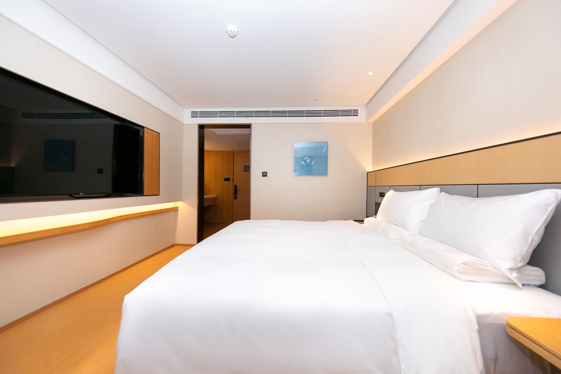 Habitación de hotel con una cama grande, un televisor de pantalla plana en la pared y un diseño moderno.