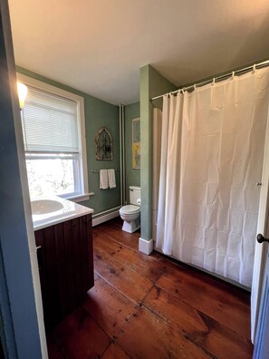 Douche, séchoir à cheveux, serviettes fournies, savon