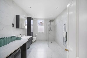 Douche, séchoir à cheveux, serviettes fournies