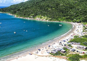 A beach with clear turquoise waters, a sandy shore, and a dense green forest in the background.