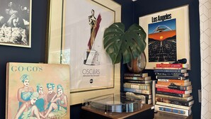 Una habitación con una estantería, carteles enmarcados y una planta.