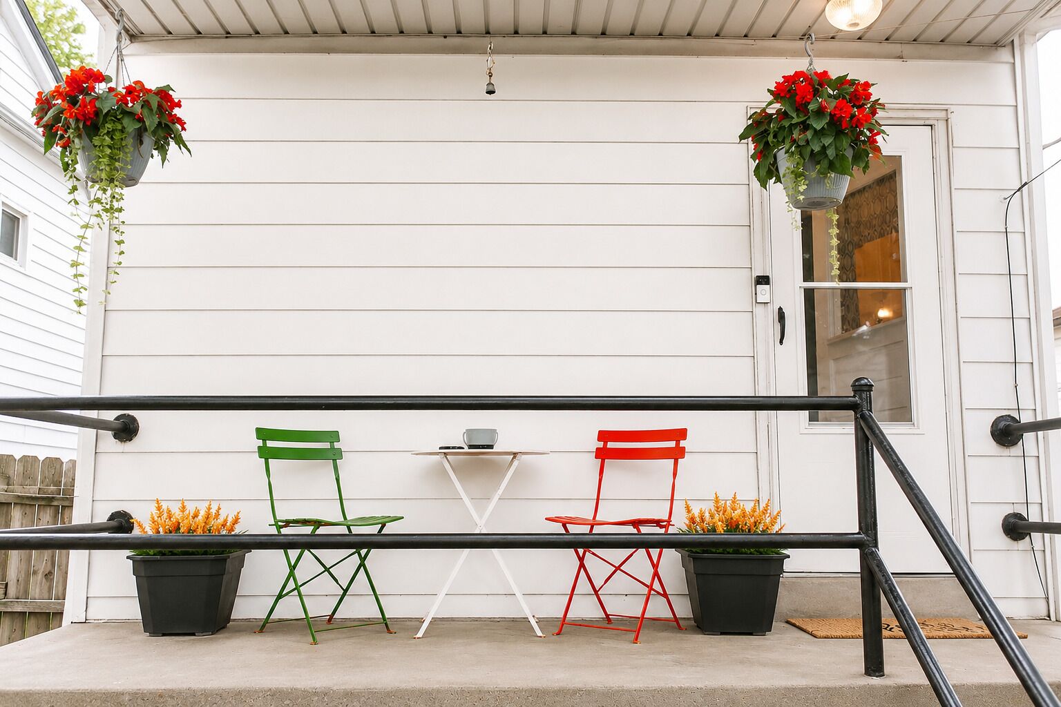 A porch with two chairs, a small table, and hanging flower baskets.