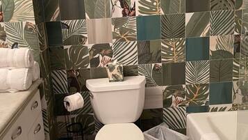 Hair dryer, towels, soap, toilet paper
