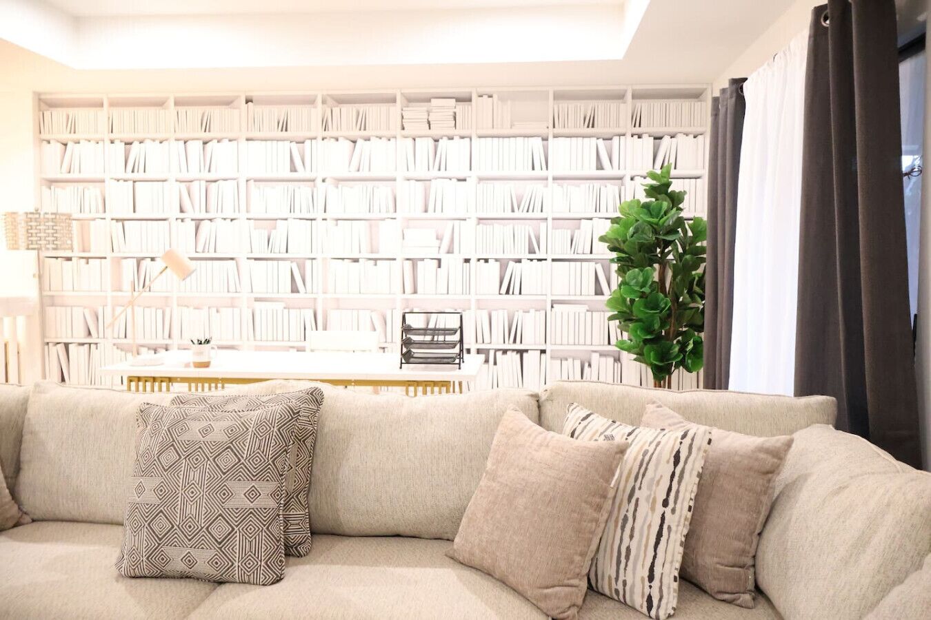 Smart TV, fireplace, books, offices