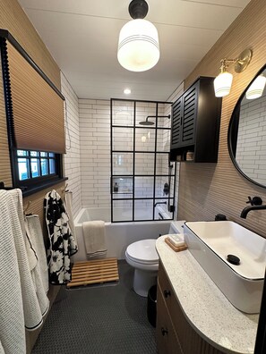 Hair dryer, towels, soap, toilet paper