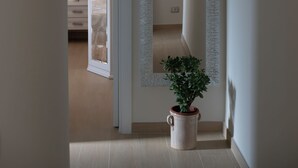 A hallway with a large mirror, a potted plant, and a door leading to another room.