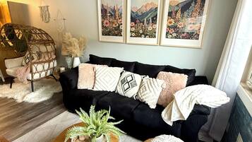 Smart TV, lareira, livros