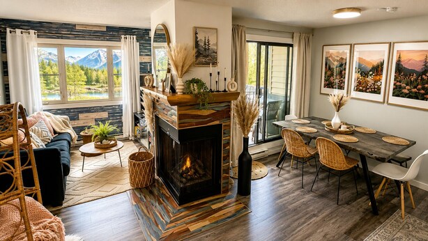 A modern living room with a fireplace, a dining area, and a view of mountains through large windows. - Boho theme, Ground floor patio with green space and creek view. 2 min to gondola (Panorama)