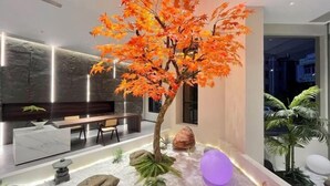 A modern interior with a seating area, a decorative tree, and a small water feature. - Xingji Hotel (Tiantai County)