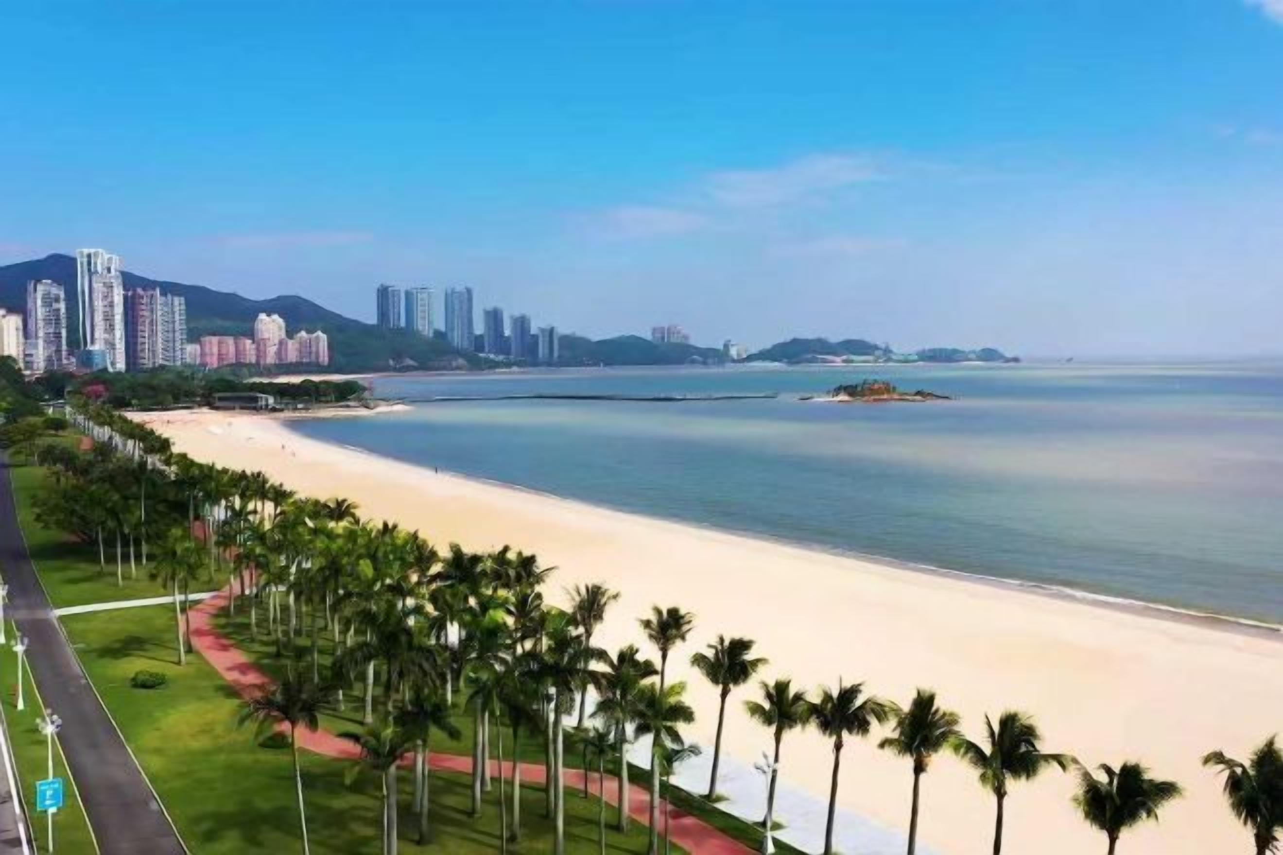 A coastal cityscape with a beach, palm trees, and high-rise buildings.