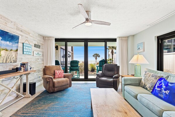 Condo, Multiple Beds, Patio, Ocean View (Watercrest 110 | Steps to Paradise) | Living area | 50-inch flat-screen TV with digital channels