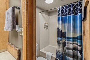 Hair dryer, towels, soap, toilet paper