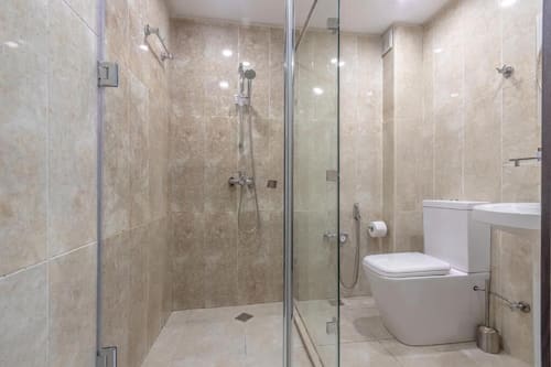 Shower, free toiletries, hair dryer, slippers