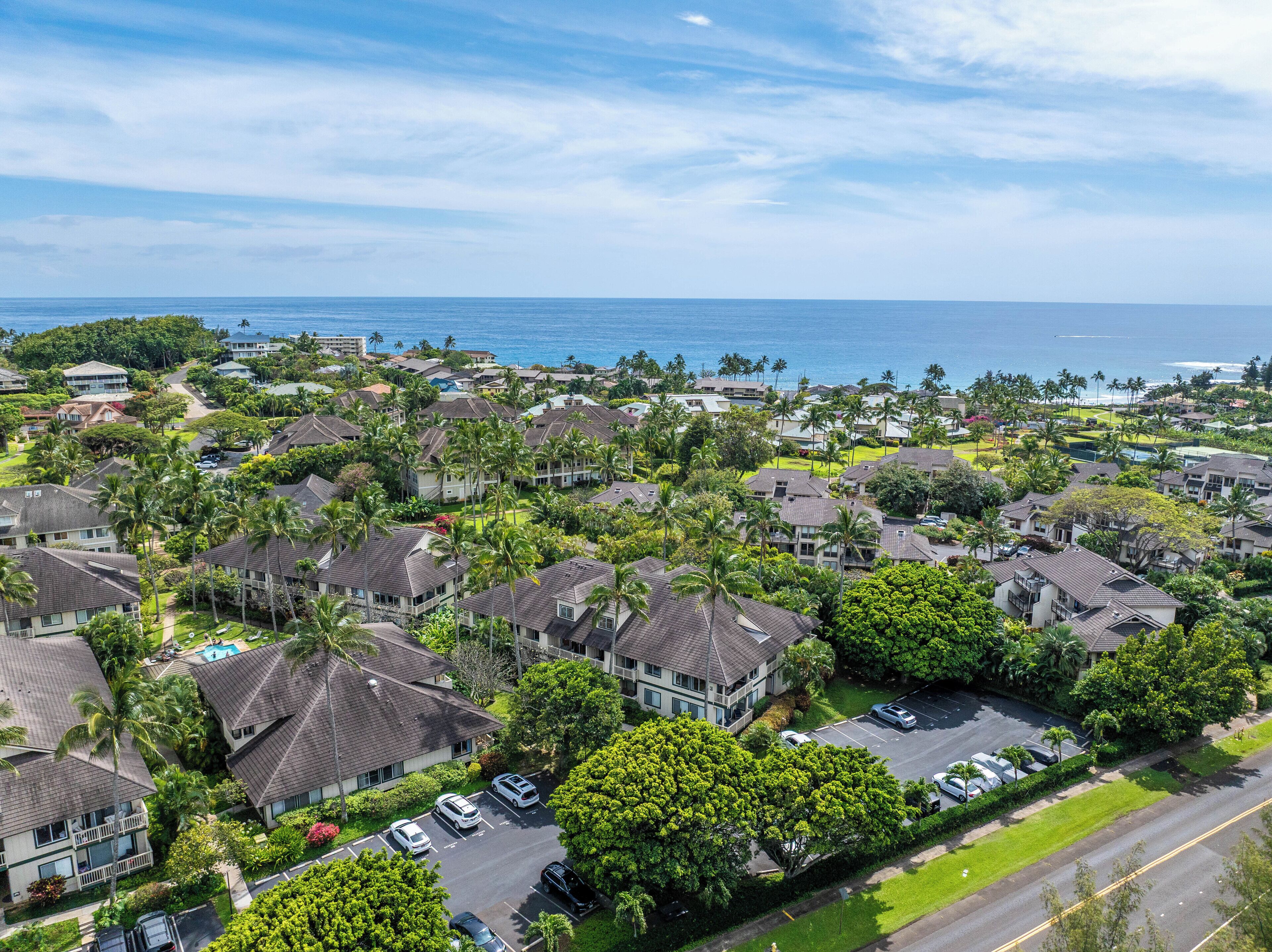 A residential area with houses, a parking lot, and a view of the ocean.