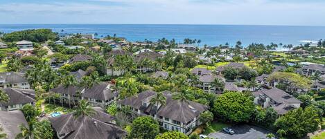 A residential area with houses, a parking lot, and a view of the ocean.