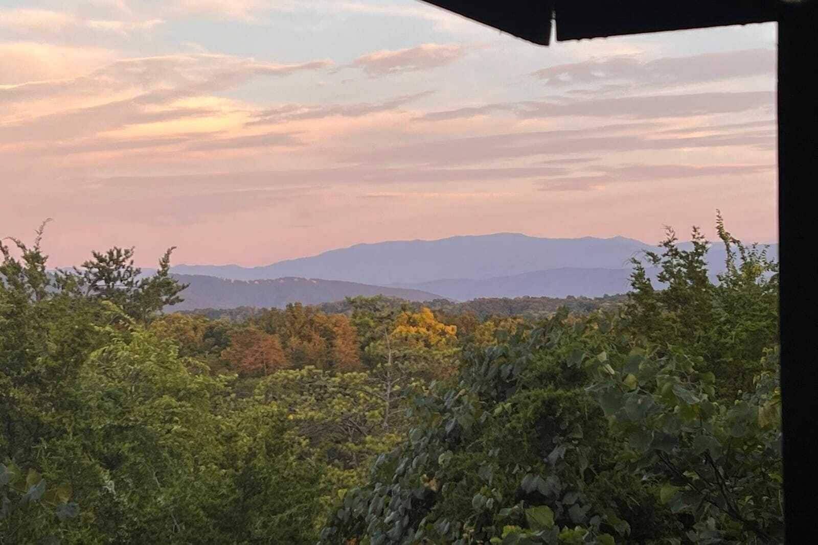 A view of a mountainous landscape with trees in the foreground and mountains in the background.