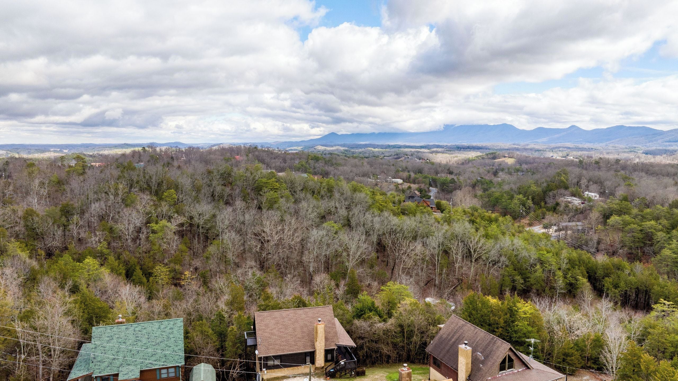 Une cabane dotée d’un toit végétalisé, entourée d’une forêt dense et avec des montagnes en arrière-plan.